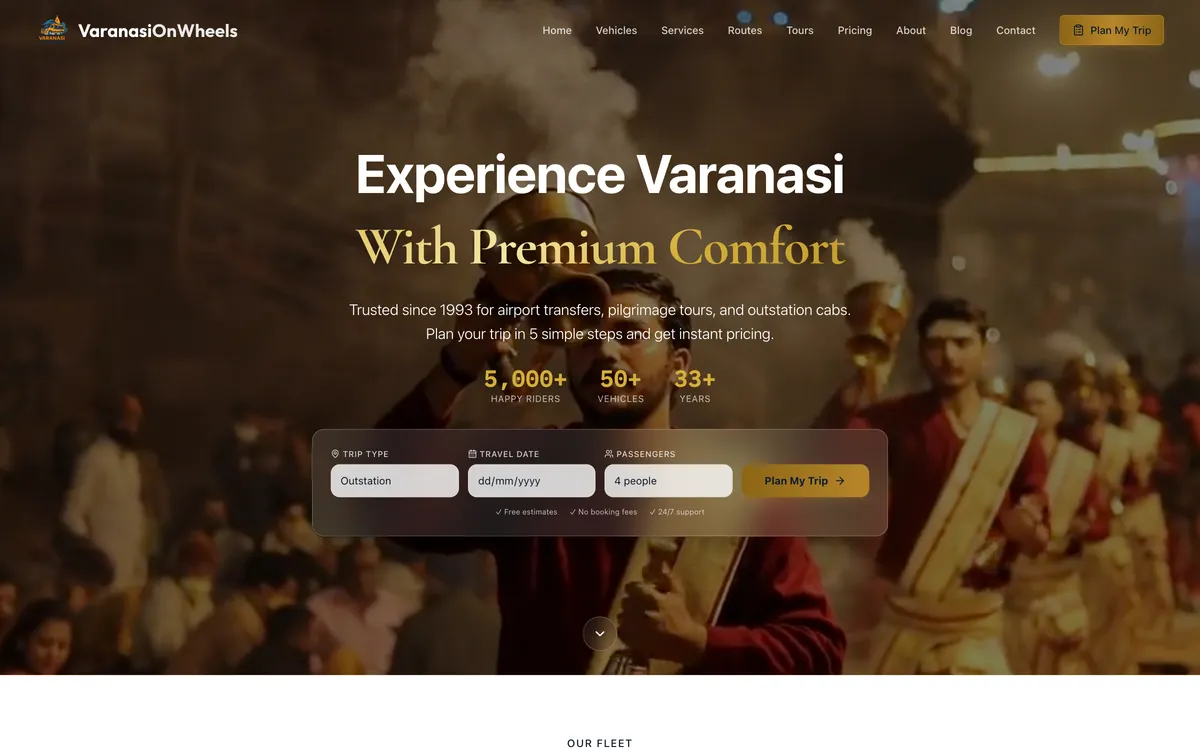 Varanasi on Wheels travel booking website hero